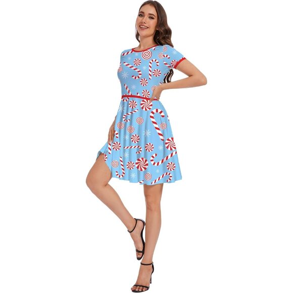 Women Ugly Christmas Santa Dress Blue Candy Cane Holiday Print Dress for Xmas - Picture 3 of 5